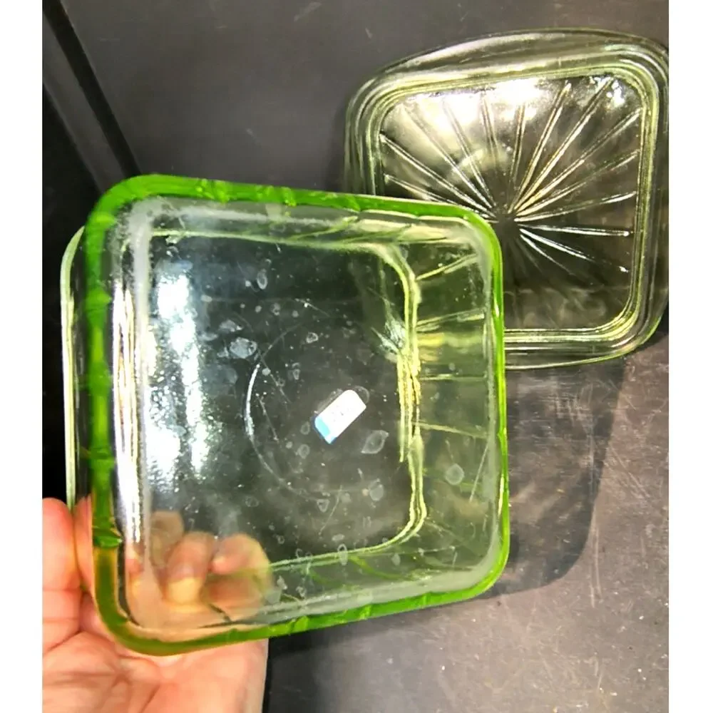 722. Vintage Square Glass Fridgie Container with Lid Vaseeline UV Reactive
